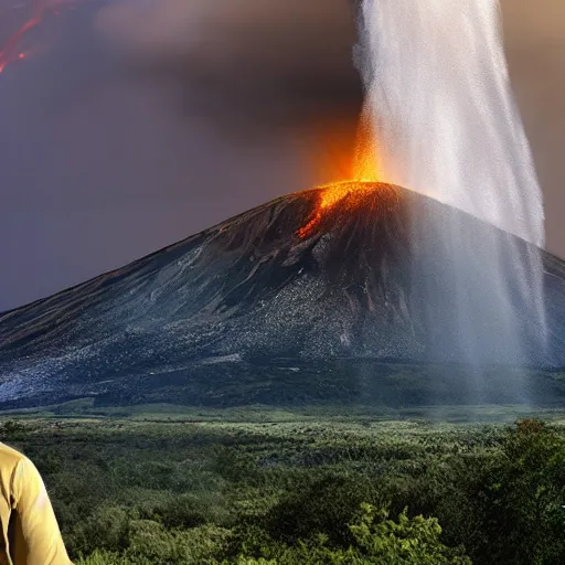 Prompt: God coming down from the sky while a Volcanoe erupts in the background, hyper realistic, HD, HQ, photo realistic, stunning