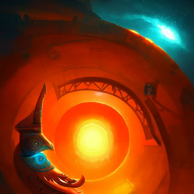 Image similar to the eye of horus, orange and teal color scheme, atmospheric lighting, intricate, volumetric lighting, beautiful, sharp focus, ultra detailed, in the art style of marc simonetti, bowater charlie and brom gerald, astrophotography