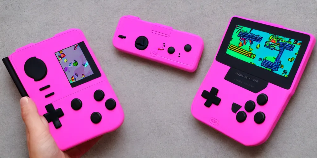 Image similar to handheld game console, hotpink, playing pocket monster game, pixel art