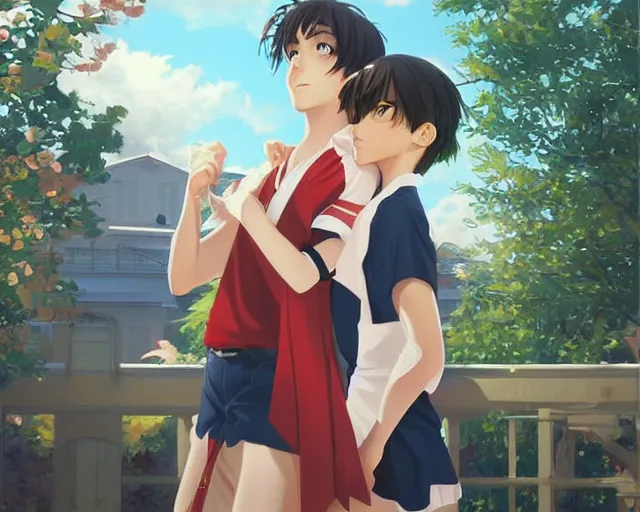 Image similar to boy's love high school scene spring setting, high detail, perfect proportions, realistic shaded lighting poster, smooth sharp contrast, ilya kuvshinov katsuhiro, loish, clamp style trending on art station - h 6 4 0