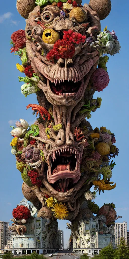 Image similar to colossal grotesque prehistoric alien predator flower made from best unfulfilled mankind projects in the middle of abandoned post soviet constructivist cityscape, Stalinist architecture, ultradetailed, Intricate by Hayao Miyazaki and Josan Gonzalez and Makoto Shinkai and Giuseppe Arcimboldo and Wes Anderson