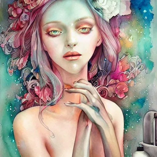 Prompt: watercolor bathroom by anna dittmann