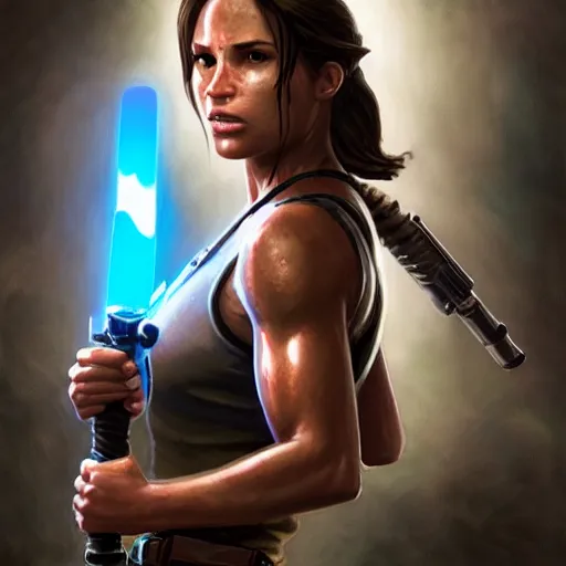 Prompt: Portrait Lara Croft wielding a blue Lightsaber, Tomb Raider, Alicia Vikander, beautiful, 4k oil on linen by wlop, artgerm, andrei riabovitchev, nuri iyem, james gurney, james jean, greg rutkowski, highly detailed, soft lighting 8k resolution