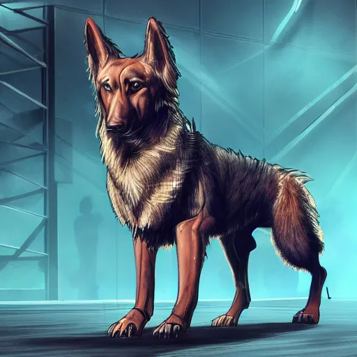 Image similar to cyberpunk humanoid german shepherd as the leader of a futuristic communist nation, cybernetics, sharp lines, digital, artstation, colored in
