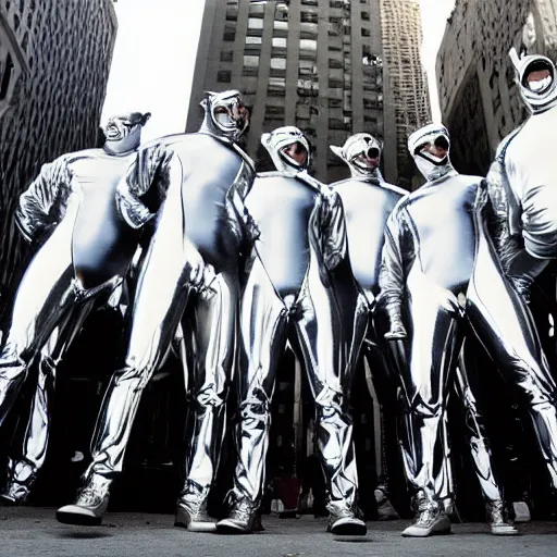 Prompt: 1990's sears portrait photo, a giant massive group of extremely muscular ripped men wearing full-body shiny reflective silver latex pants shirts and masks, performing a wild acrobatic dance in the center of a New York City street, sunset sky, ultra-detailed, photorealistic