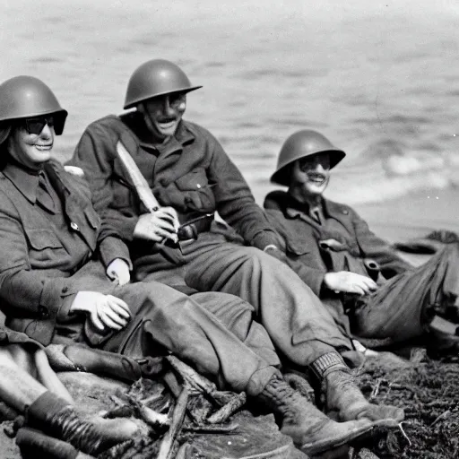 Image similar to ww 2 soldiers at the beach, relaxing, camp fire, detailed, high resolution
