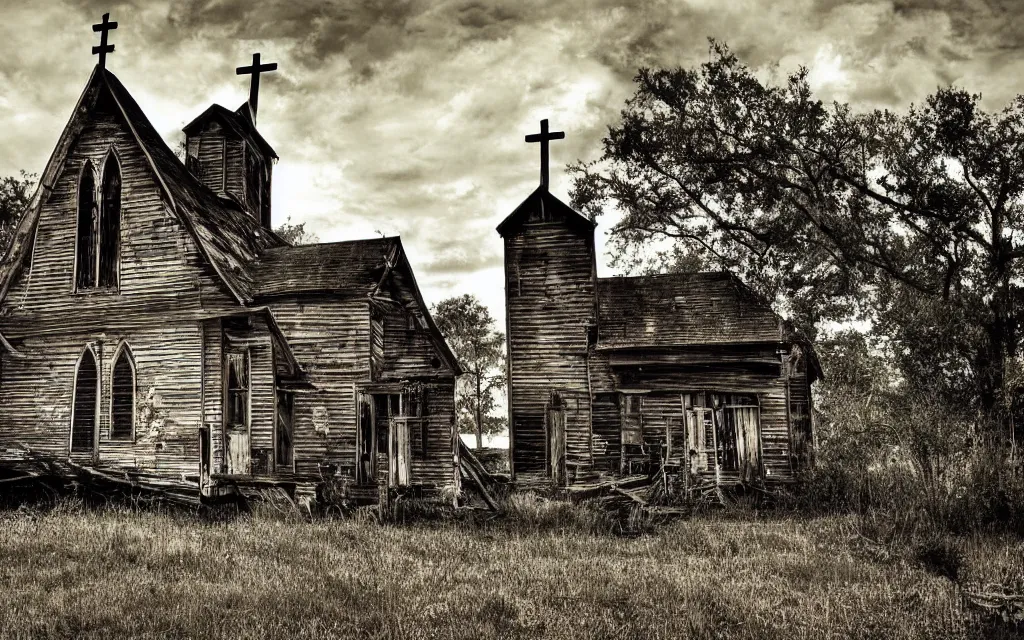 Image similar to an old wooden church rotting away in the bayou, realistic, old photograph, dynamic composition, creepy