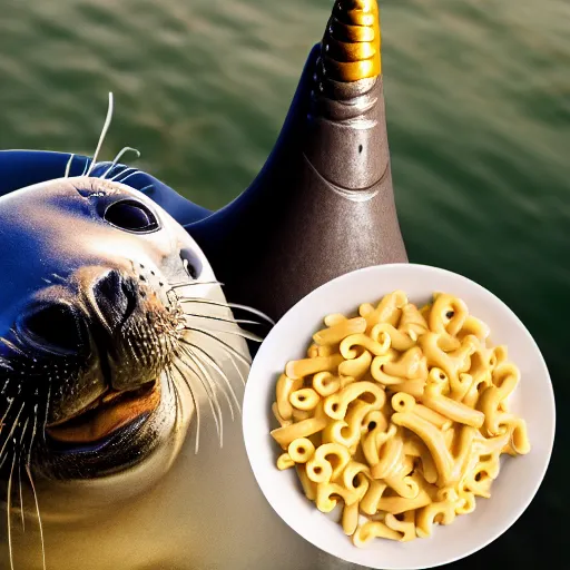 Prompt: A group photo of a seal, a unicorn, and a box of mac and cheese, ultra realistic, photography, 4k, hd, hq