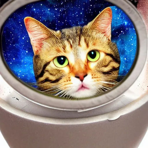 Prompt: closeup of a cosmic cat, looking at the viewer, with more cats behind