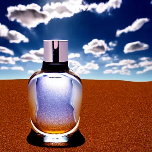 Image similar to perfume bottle sitting on a small mountain of golden desert sand, close up shot, upfront, with blue sky and clouds in the background, softly - lit, soft - warm, zen, light, modern minimalist f 2 0 clean