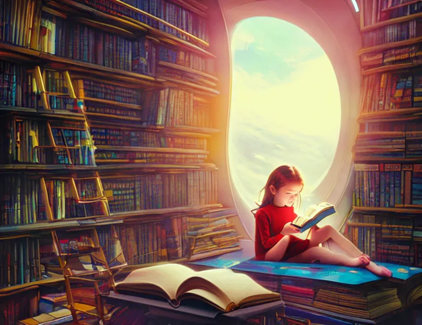 Prompt: student a young girl reading a book in a cluttered library inside a futuristic spacecraft with views of the universe, kawaii, chris moore, trending on artstation