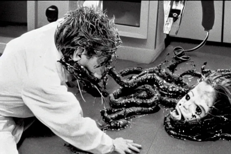 Image similar to filmic extreme wide shot dutch angle movie still 35mm film color photograph of a doctor getting his both his legs pulled and torn off by a bundle of dangerous alien worms coming from off camera, blood slattering, in the style of The Thing 1982 horror film