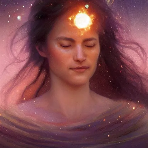 Image similar to A woman holding!!!!! Earth!!!!! in her eloquently gentle palms while she solemnly meditates about what to do next in the creation of the universe, illustrated by Greg Rutkowski and Gaston Bussiere, vividly radiantly beautiful lighting, closeup!!!!!, portrait imagery!!!!!, dazzling dappled lighting, subsurface scattering, light refractions, trending on artstation, 4k, 8k!!!!!