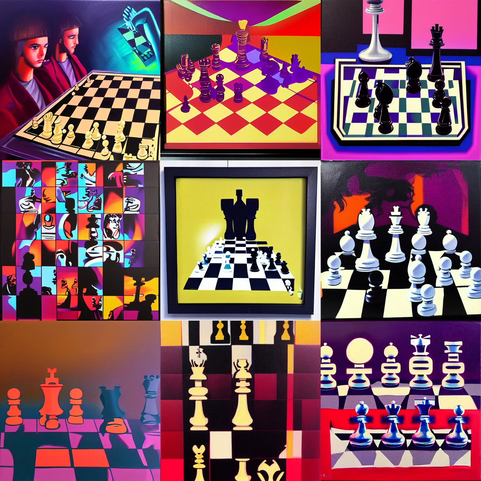 Prompt: chess in 80s style synthwave, oil on canvas