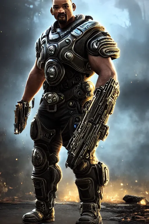 Image similar to Will smith as a muscular Gears of War character, photorealism, half body, HDR ambient background, unreal engine 5, hyperrealistic, highly detailed, XF IQ4, 150MP, 50mm, F1.4, ISO 200, 1/160s, cinematic lights, Adobe Lightroom, photolab, Affinity Photo, PhotoDirector 365, realistic