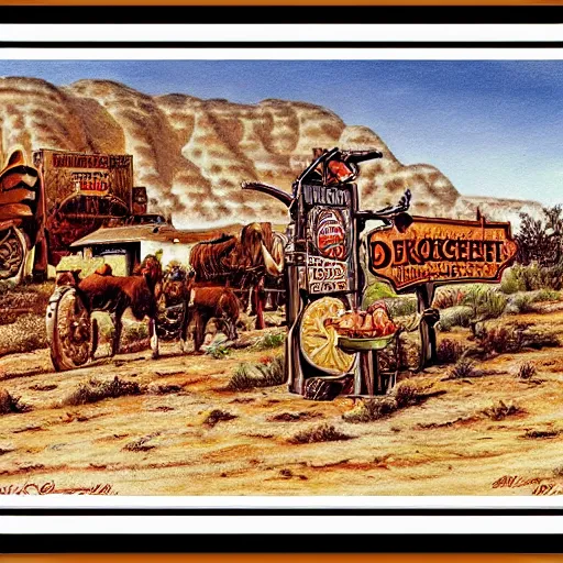 Prompt: The wild west dessert, by rowena morrill, extreme detail, wide angle, long shot