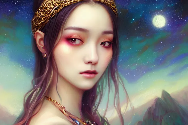 Prompt: masterpiece portrait charming and miracle female luxury astromancer boho accessories in dreamlike movie, kpop, miracle, high detailed face, art by artgerm, greg rutkowski, sasoura, satchely, uhd, medium long shot, fantasy, big major starry sky and city in background, twlight, no distorsion, sharp focus