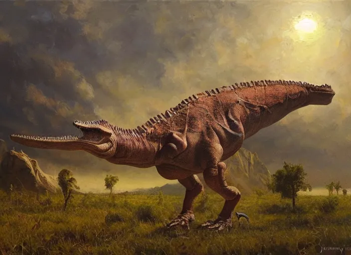 Image similar to oil painting of a dinosaur on canvas, by James gurney, realism, warm lighting, award winning, high detail, professional, volumetric lighting