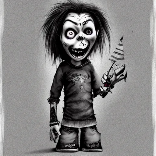 Prompt: grunge cartoon drawing of a cute chucky by - michael karcz , in the style of corpse bride, loony toons style, horror themed, detailed, elegant, intricate