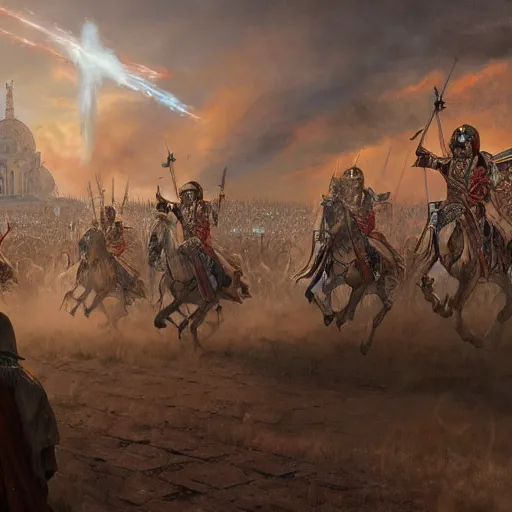 Image similar to an extremely detailed matte painting the polish winged hussars charging the last reminants of the jedi temple, heroic charge, epic fantasy, viewed in profile from very far away, sharp focus, detailed face, art by greg rutkowski and alphonse mucha, volumetric lighting, 4 k resolution, artstation