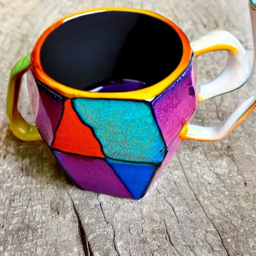 Image similar to brightly colored icosahedron triangle ceramic mug with iridescent glaze