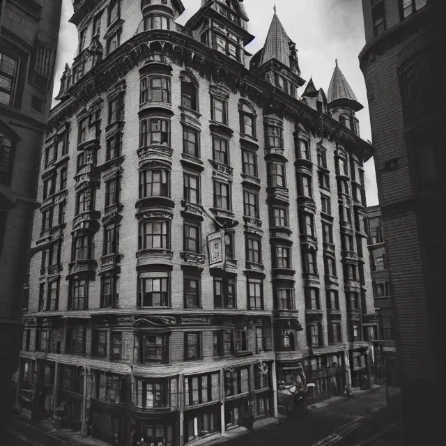 Prompt: sepia photo of a 1 9 2 0 s neo - gothic style hotel in downtown boston, overlooking a dark street, architectural, atmospheric lighting, brooding, painted, intricate, ultra detailed, well composed, best on artstation, cgsociety, epic, horror, stunning, gorgeous, intricate detail, much wow, masterpiece, cinematic aesthetic octane render, 8 k hd resolution,