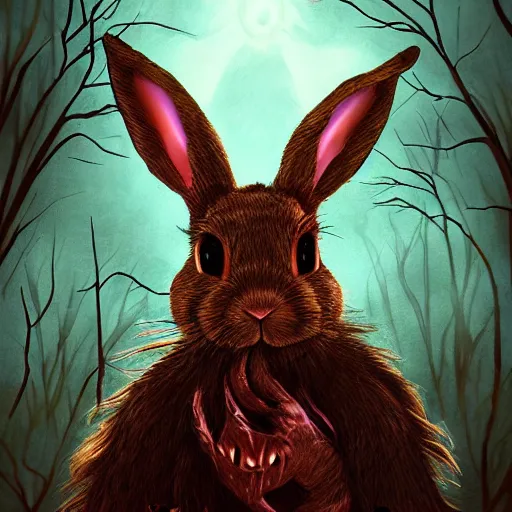 Image similar to rabbit as a monster, fantasy art style, scary atmosphere, nightmare - like dream