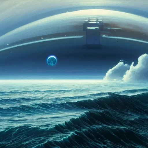 Image similar to beautiful matte painting of a dreamy ocean with clouds, sci - fi, daylight, blue sky, cinematic lighting, cinematic perspective, black hole planet above, syd mead, john harris, federico pelat, detailed, 4 k, hd