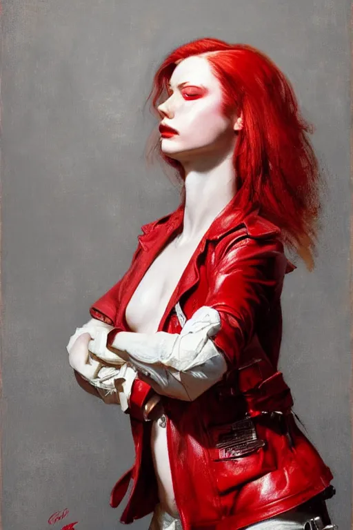 Prompt: head and shoulders portrait of a young girl in a red and white leather jacket, pale skin, piercing pale eyes, red hair, steampunk, vibrant color, high detail, masterpiece by craig mullins, ruan jia, peter mohrbacher, norman rockwell, caravaggio