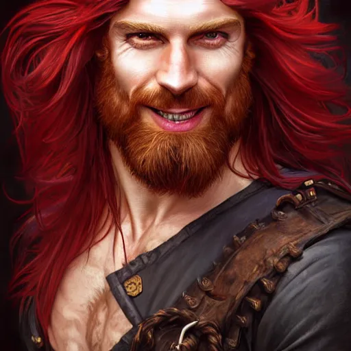 Image similar to portrait of a young ruggedly handsome but joyful pirate, male, muscular, masculine, upper body, red crimson crimson deep red hair, long long flowing hair, fantasy, proud smirk, intricate, elegant, highly detailed, digital painting, artstation, concept art, matte, sharp focus, illustration, art by artgerm and greg rutkowski and alphonse mucha