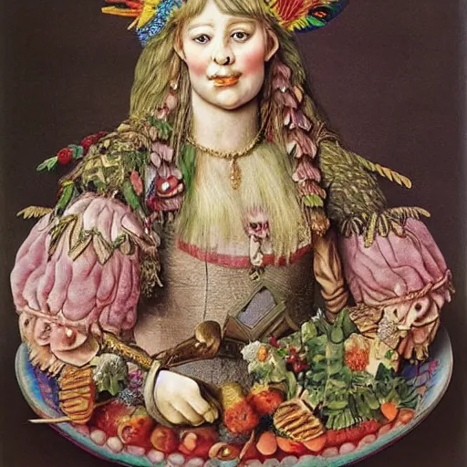 Prompt: a princess with extremely long blond hair from a cartoon riding a unicorn by arcimboldo
