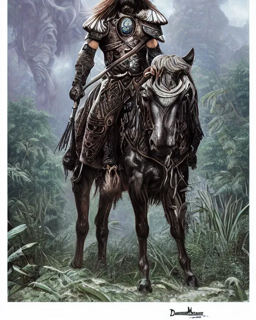 Image similar to ultrarealistic illustration of conquistador, symmetrical, by daniel zrom and nicola saviori, jungle background, detailed