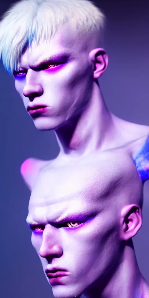 Image similar to hyperrealistic close-up of beautiful albino man with purple hair and pearlescent blue skin james paick machiej kuciara dramatic neon lighting on one side wide angle 35mm shallow depth of field