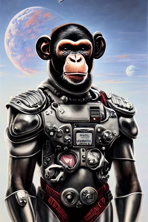 Image similar to a portrait of a muscular anthropomorphic cyberpunk chimp in spacesuit armor with ensignia on chest plate by sandra chevrier, by jon foster, detailed render, post - processing, extremely hyperdetailed, intricate, epic composition, cybernetics, 4 k realistic, cryengine, realistic shaded lighting, sharp focus, masterpiece, by enki bilal