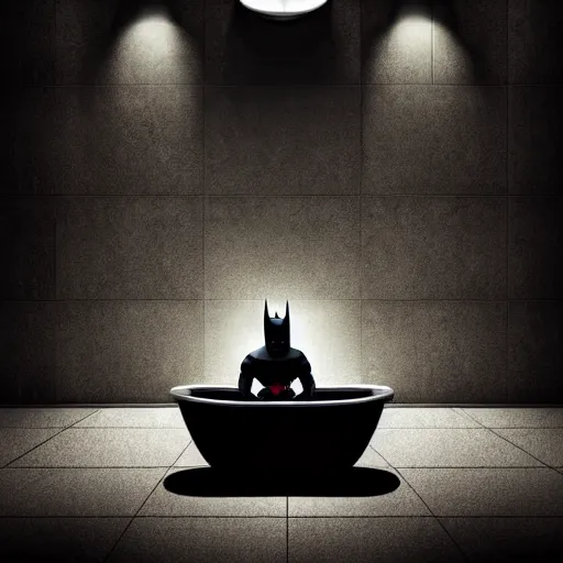 Prompt: low - angle shot of batman sitting on a toilet, dirty tiles in the wall, claustrophobic room, digital art, dramatic lights, realistic, very very detailed, 4 k, dark colours