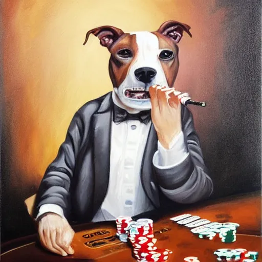 Image similar to a pitbull smoking a cigar while playing poker, painting,