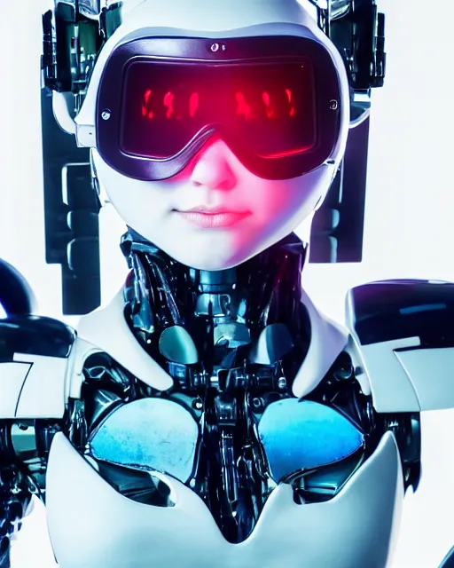 Image similar to centered portrait photo of flirtatious young lorena herrera as a solarpunk mecha humanoid robotic parts wearing goggles with bright lights, real human face, pudica pose, inside white room, ultra - realistic and detailed, 8 k