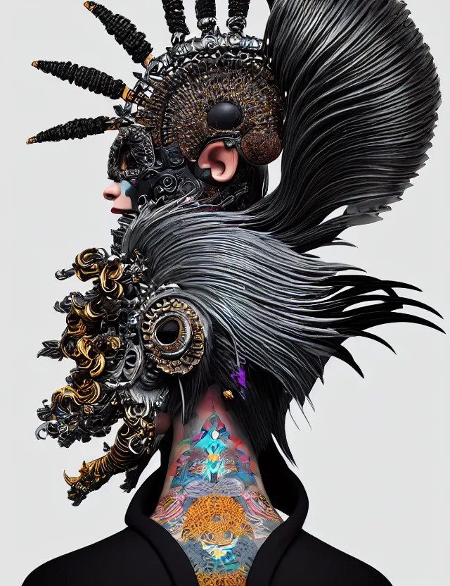 Image similar to 3 d coherent goddess close - up profile portrait punk with mohawk with ram skull. beautiful intricately detailed japanese crow kitsune mask and clasical japanese kimono. betta fish, jellyfish phoenix, bio luminescent, plasma, ice, water, wind, creature, artwork by tooth wu and wlop and beeple and greg rutkowski