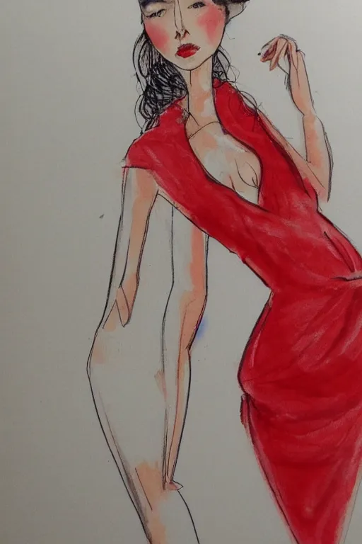 Prompt: a detailed fashion illustration of woman in red dress