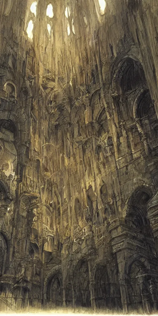 Image similar to Artwork by John Howe of the cinematic view of the Sanctuary of the Executioner.