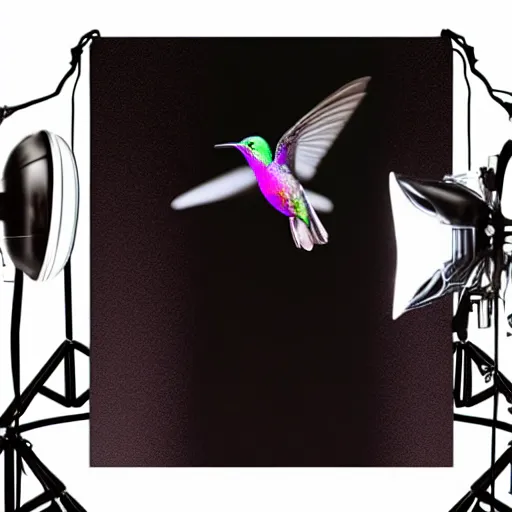 Prompt: realistic!!!! cybernetic!!!!!!!!!!!! hummingbird, studio lighting, dark background, exposed mechanics