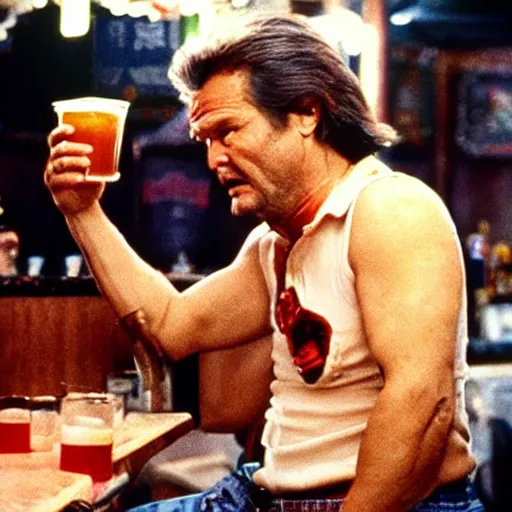 Prompt: Big trouble in little China, Jack Burton (no facial hair) drinking beer, Chinatown bar, amazing shot, colorized, 1987