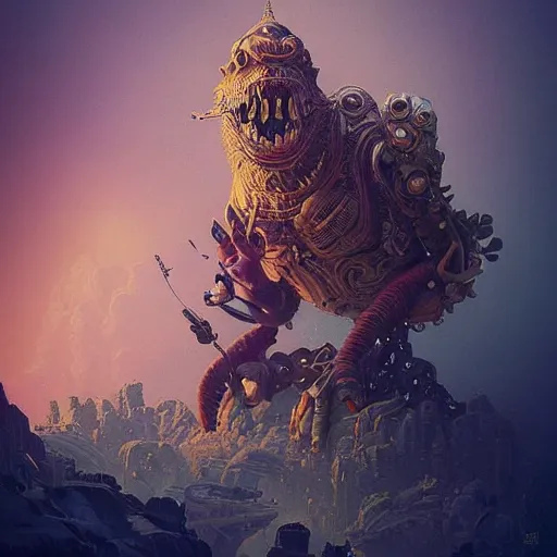 Image similar to stupid monster : : by beeple and james gilleard and justin gerard : : ornate, dynamic, particulate, intricate, elegant, highly detailed, centered, artstation, smooth, sharp focus, photoreal octane render, 3 d, by jean - baptiste monge!!!!!!!