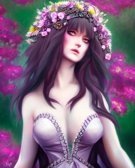 Prompt: dark angel in beatiful dress surrounded by dark flowers and diamonds, very detailed, realistic face, detailed face, matte, tonemapping, bbwchan, perfection, 4 k, cushart krenz