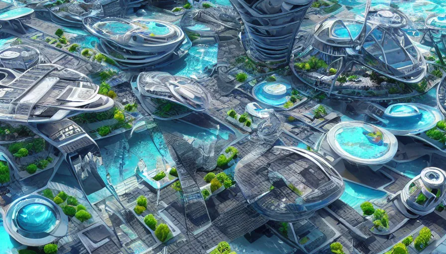 Prompt: futuristic aquatic square in london by roger madrini, hyperdetailed, artstation, cgsociety, 8 k