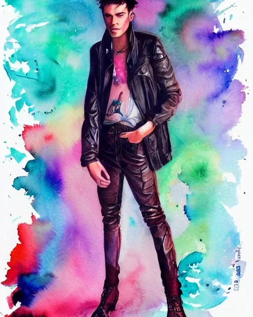 Prompt: watercolor full body portrait of jamie alexander wearing a leather, romantisism, outrun, pastel painting, dramatic, detailed, by android jones