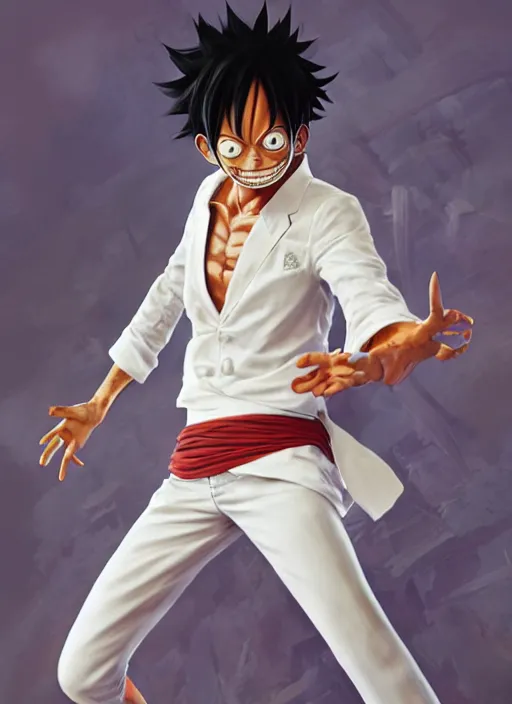 Prompt: a professional render of luffy wearing a white suit, concept art, sharp detail, smooth render, art style by Ruan Jia and Mandy Jurgens and Ian Spriggs and William-Adolphe Bouguerea