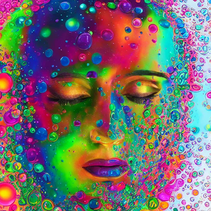 Image similar to illustration of a colorful melting human head. acrylic bubbles and flowers, ferrofluids, water distortions. intricate abstract. intricate artwork. beeple