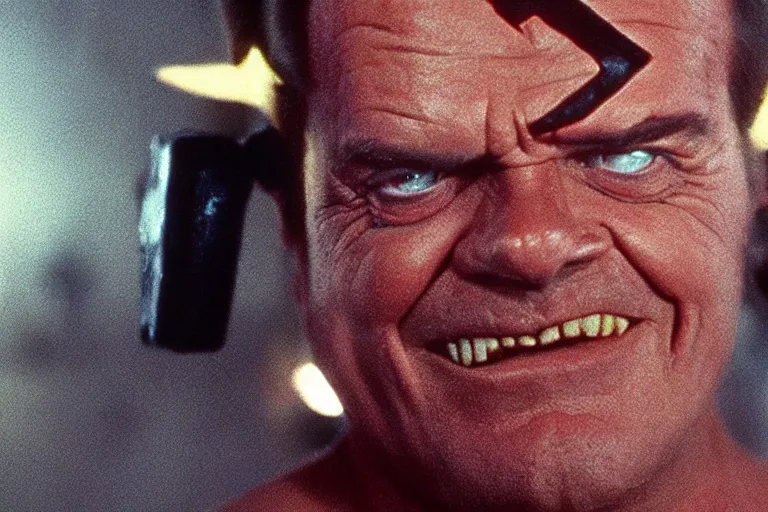 Prompt: Jack Nicholson plays Pikachu Terminator, scene where his inner exoskeleton is visible and his eye glows red, still from the film