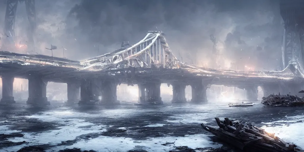 Image similar to huge white cotton everywhere on the destroyed harbour bridge, smooth, sharp focus, highly detailed, 3 d octane render, epic lighting, tragic atmosphere,, lots of white cotton, 8 k, by greg rutkowski